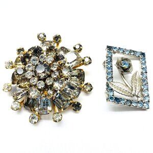 Rhinestone Pins Lot of 2 Large Smoky Rhinestone Starburst Framed Blue Rose